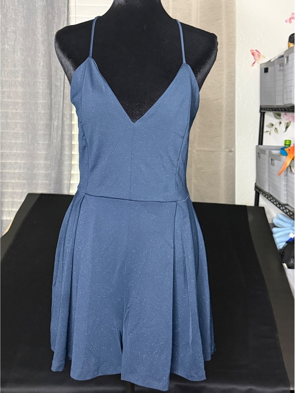 Blue Sleeveless Lace Back Romper with V-Neck - Picture 2 of 8